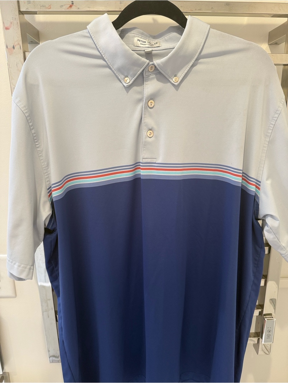 Peter Millar Light Blue and Navy Colorblock Polo with Multicolor Stripe